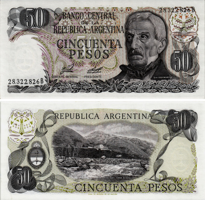 АРГЕНТИНА 50 ПЕСО 1977 СЕРИЯ В 28322, ГЕНЕРАЛ САН МАРТИН Pick 301a бумага UNC (ПРЕСС) 6293-34-3-2