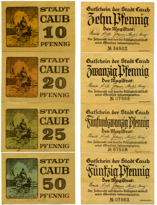 КАУБ НАБОР ИЗ 4 БАНКНОТ 1920 НОТГЕЛЬД, ЗЕМЛЯ РЕЙЛЯНД-ПФАЛЬЦ Grabowski С10.1а, С10.1b, C10.1c, C10.1d бумага 2193-6-4-2