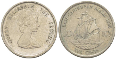 Восточно-Карибские штаты 10 центов 1986 Елизавета II (1952-2022), парусник KM 13 медно-никель 217-1017