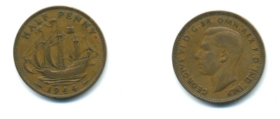 Великобритания 1/2 пенни 1944 Георг VI (1936-1952) KM 844, Spink 4115 бронза 41-532