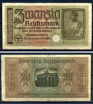 Германия 20 рейхсмарок ND (1940-1945) для оккупированных территорий Pick R139 бумага 7552-43-3-1