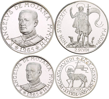 Орден Мальты набор из 2 монет (скуди и 2 скуди) 1965 магистр Моджана и жертвенный агнец, в оригинальном картонном буклете, проба 986, тираж 3000 экз., вес 12 гр. И 24 гр серебро PROOF 00-00