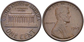 США 1 цент 1969 Линкольн KM 201 медь цинк 4564-451