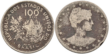 Бразилия 100 рейс 1901 голова свободы вправо KM 503 медно-никель 4589-1026