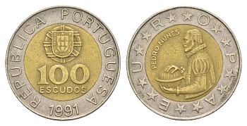 Португалия 100 эскудо 1991 Педру Нуниш (1502-1578), математик KM 645 биметалл 4390-626