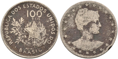 Бразилия 100 рейс 1901 голова свободы вправо KM 503 медно-никель 4589-1026