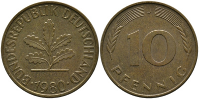 ФРГ 10 ПФЕННИГОВ 1980 J KM 108, J.383 сталь плакированная латунью 33-141