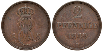 Ганновер 2 пфеннига 1849 B, Эрнст Август (1837-1851) KM 202.1, AKS 124, J. 75 медь 75-1932