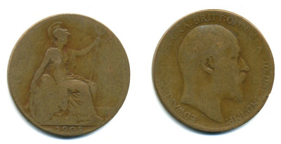 Великобритания 1 пенни 1908 Эдуард VII (1901-1910) KM 794.2, Spink 3990 бронза 47-724