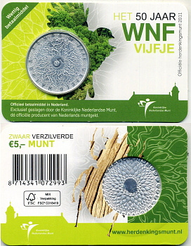 Нидерланды 5 евро 2011 50 лет Фонду дикой природы, в оригинальном блистере KM 305 медь плакированная серебром BU 4-5-2-32