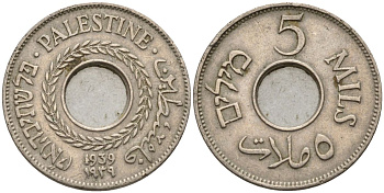 Израиль, Палестина 5 милсов 1939 британская администрация (1927-1948) KM 3 медно-никель    4154-416