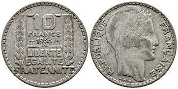 Франция 10 франков 1933 Пьер Тюрен KM 878, Le Franc 360.6 серебро 63-741