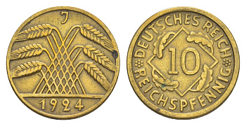 Германия 10 рейхспфеннигов 1924 J KM 40, J. 317 алюминиевая бронза 4640-356