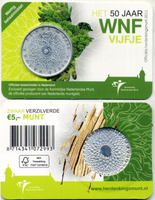 Нидерланды 5 евро 2011 50 лет Фонду дикой природы, в оригинальном блистере KM 305 медь плакированная серебром BU 4-5-2-32