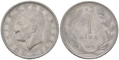 Турция 1 лира 1970 Мустафа Кемаль Ататюрк KM 889a.2 нержавеющая сталь 4616-1256