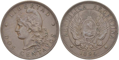 Аргентина 2 сентаво 1894 голова свободы влево KM 8 бронза 4512-736