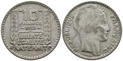 Франция 10 франков 1933 Пьер Тюрен KM 878, Le Franc 360.6 серебро 63-741