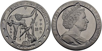 Остров Мэн 1 крона 2004 год обезьяны KM 1238 медно-никель UNC M91-20