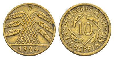 Германия 10 рейхспфеннигов 1924 J KM 40, J. 317 алюминиевая бронза 4640-356