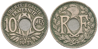 Франция 10 сантимов 1921 тип Линдайё KM 866a, Le Franc 138.3 медно-никель 4584-444