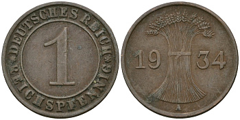 Германия 1 рейхспфенниг 1934 A KM 37, J. 313 бронза 4189-1227