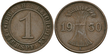 Германия 1 рейхспфенниг 1930 A KM 37, J. 313 бронза 4189-1132