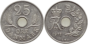 ДАНИЯ 25 ЭРЕ 1971 С; S, ФРЕДЕРИК IX (1947-1972) KM 855.1 медно-никель 4398-1011