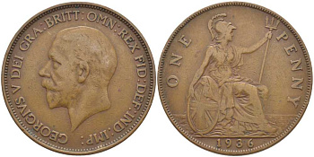 Великобритания 1 пенни 1936 Георг V (1910-1936) KM 838, Spink 4055 бронза 115-322