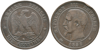 ФРАНЦИЯ 10 САНТИМОВ 1855 К, НАПОЛЕОН III (1852-1870) KM 771.5, LA FRANC 133.27 бронза 54-2432