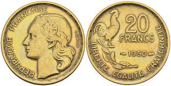 Франция 20 франков 1950 4 пера KM 916.1 алюминиевая бронза    4595-455