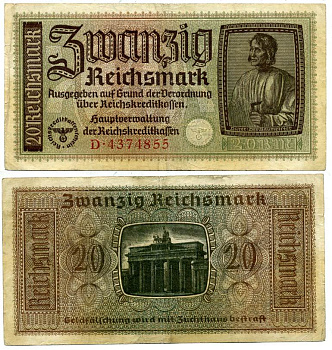 ГЕРМАНИЯ 20 РЕЙХСМАРОК 1940-1945 ДЛЯ ОККУПИРОВАННЫХ ТЕРРИТОРИЙ Pick R139 бумага 3295-65-2
