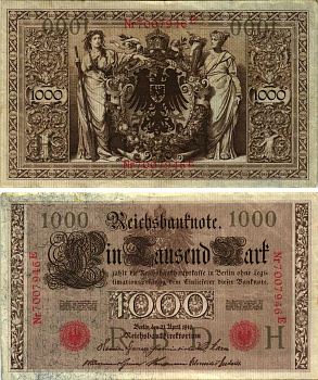 ГЕРМАНИЯ 1000 МАРОК 1910 21 АПРЕЛЯ 1910, СЕМИЗНАЧНЫЙ НОМЕР, СЕРИЯ E Pick 44b бумага 8610-28-1