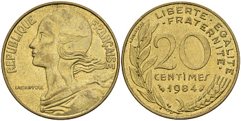 Франция 20 сантимов 1984 тип Marianne KM 930, Le Franс 156.24 медь алюминий никель 4606-656