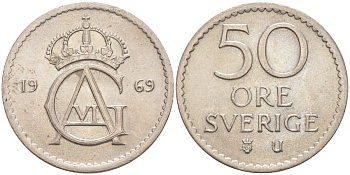 Швеция 50 эре 1969 U, Густав VI Адольф(1950-1973) KM 837 медно-никель 219-941