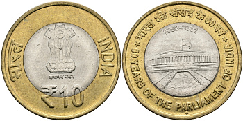 Индия 10 рупий 2012 60 лет Парламенту KM 407 биметалл UNC 95-144