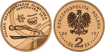 Польша 2 злотых 2010 MW, XXI Зимние Олимпийские игры в Ванкувере 2010 года, польская сборная KM 715 нордик UNC 4676-641