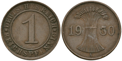 Германия 1 рейхспфенниг 1930 A KM 37, J. 313 бронза 4189-1132