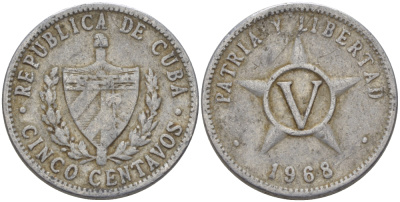 Куба 5 сентаво 1968 звезда, вторая республика (1962- ) KM 34 алюминий 67-1043