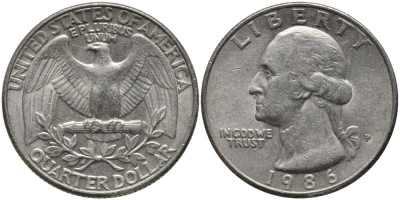 США 25 ЦЕНТОВ = КВОТЕР 1986 P, ВАШИНГТОН KM А164а медь плакированная медно-никелем 113-512