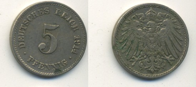 ГЕРМАНИЯ 5 ПФЕННИГОВ 1914 J, KM 11, J. 12 медно-никель 54-628