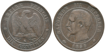 ФРАНЦИЯ 10 САНТИМОВ 1855 К, НАПОЛЕОН III (1852-1870) KM 771.5, LA FRANC 133.27 бронза 54-2432