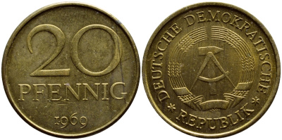 ГДР 20 пфеннигов 1969 А, первый год KM 11 латунь UNC 4397-427