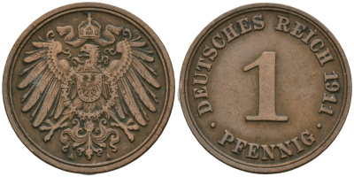 Германия 1 пфенниг 1911 A, Вильгельм II (1888-1918) KM 10, J. 10 медь 4608-119