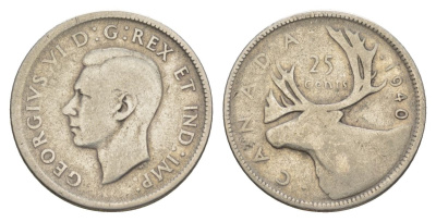 Канада 25 центов 1940 Георг VI (1936-1952), олень KM 35 серебро 4631-851