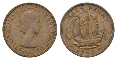 Великобритания 1/2 пенни 1964 Елизавета II (1952-2022) KM 896, Spink 4158 бронза 92-555