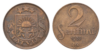 Латвия 2 сантима 1932 KM 2 бронза 4689-927