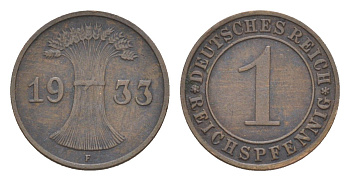 Германия 1 рейхспфенниг 1933 F KM 37, J. 313 бронза 4636-332