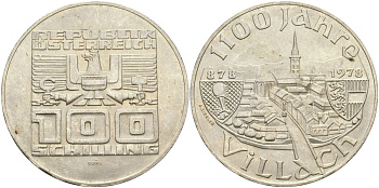 Австрия 100 шиллингов 1978 1100 лет городу Филлах KM 2940 серебро UNC 02-118-43