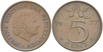 Нидерланды 5 центов 1977 Юлиана (1948-1980) KM 181 бронза 214-231