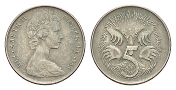 Австралия 5 центов 1966 Елизавета II (1952-2022) молодой портрет, ехидна KM 64 медно-никель 4655-1255